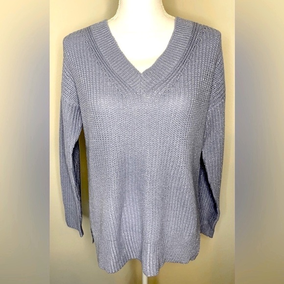 🎄🎄Moral Fiber Sweater Women VNeck Periwinkle Blue Metallic Ribbed Knit Small - Picture 1 of 7